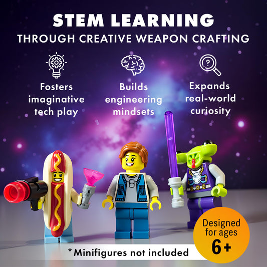 Brick Loot blaster weapons pack fits LEGO minifigures for dynamic battles.