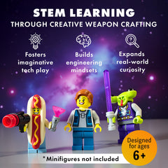 Brick Loot blaster weapons pack fits LEGO minifigures for dynamic battles.