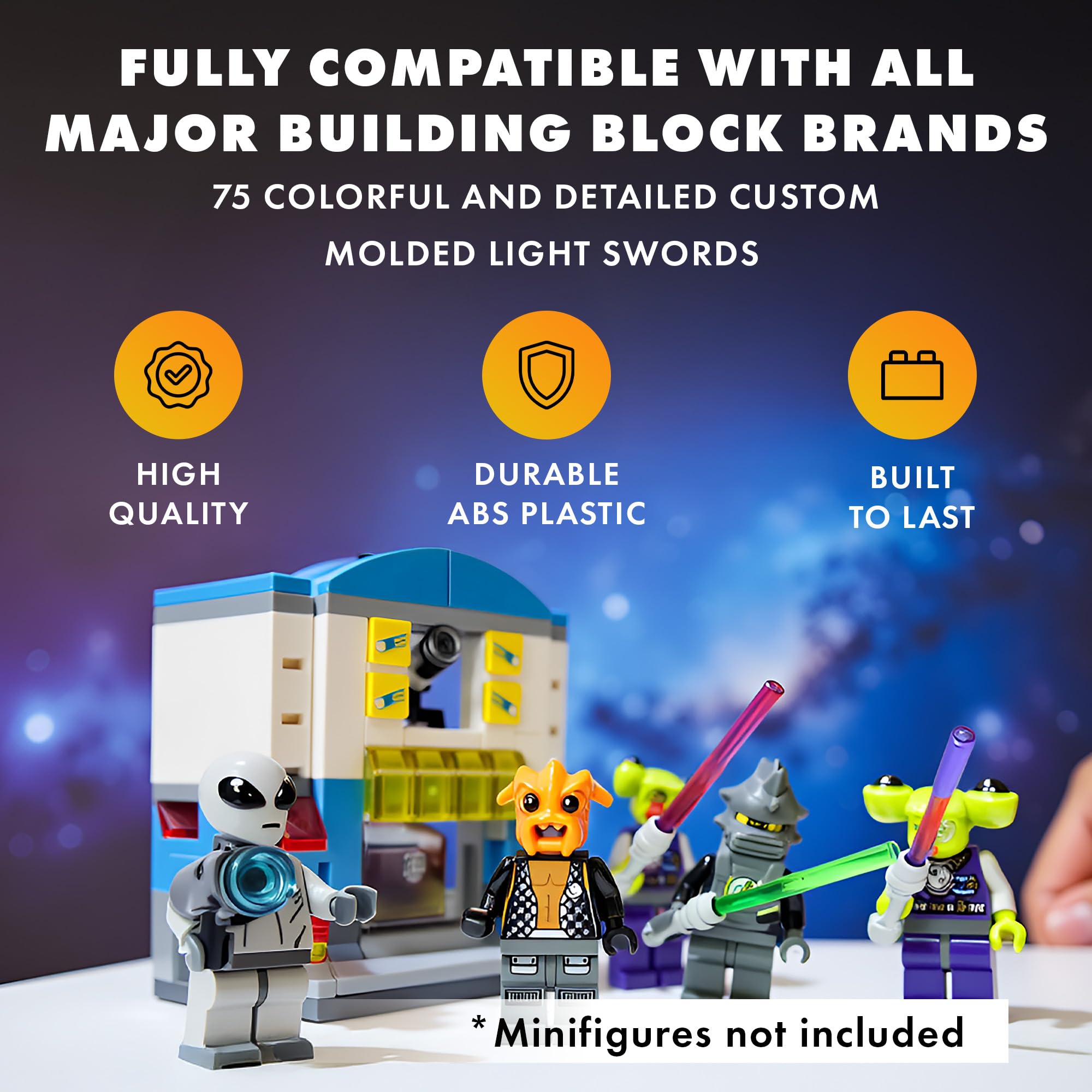 Brick Loot minifigure sabers in hand boost display-ready scenes.
