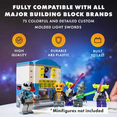 Brick Loot minifigure sabers in hand boost display-ready scenes.