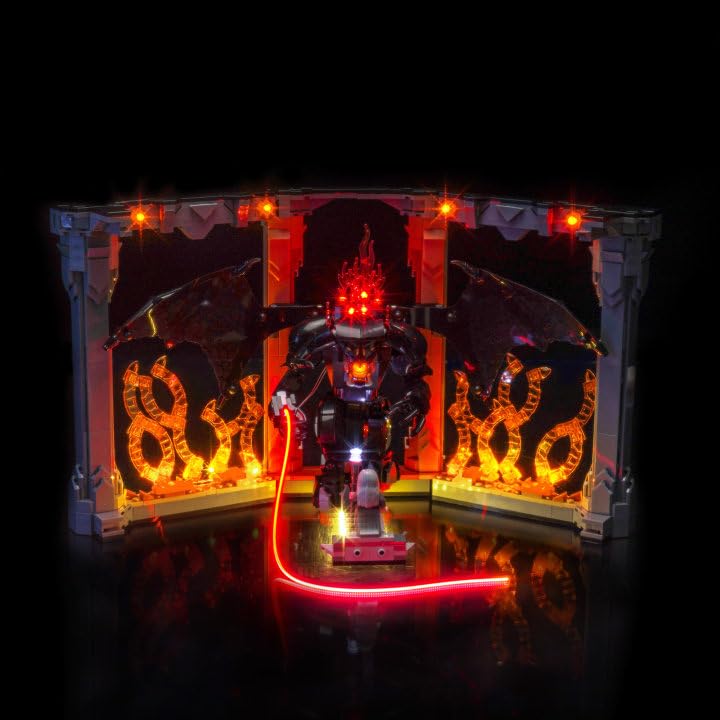 BrickBling Balrog book-nook light on display with gentle ambient glow.