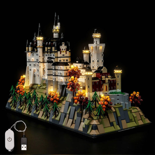 BrickBling LED lighting kit for Neuschwanstein 21063 installation with warm glow.