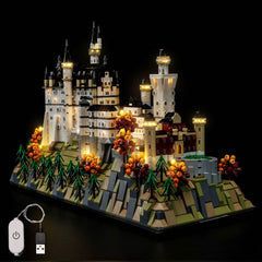 BrickBling LED lighting kit for Neuschwanstein 21063 installation with warm glow.