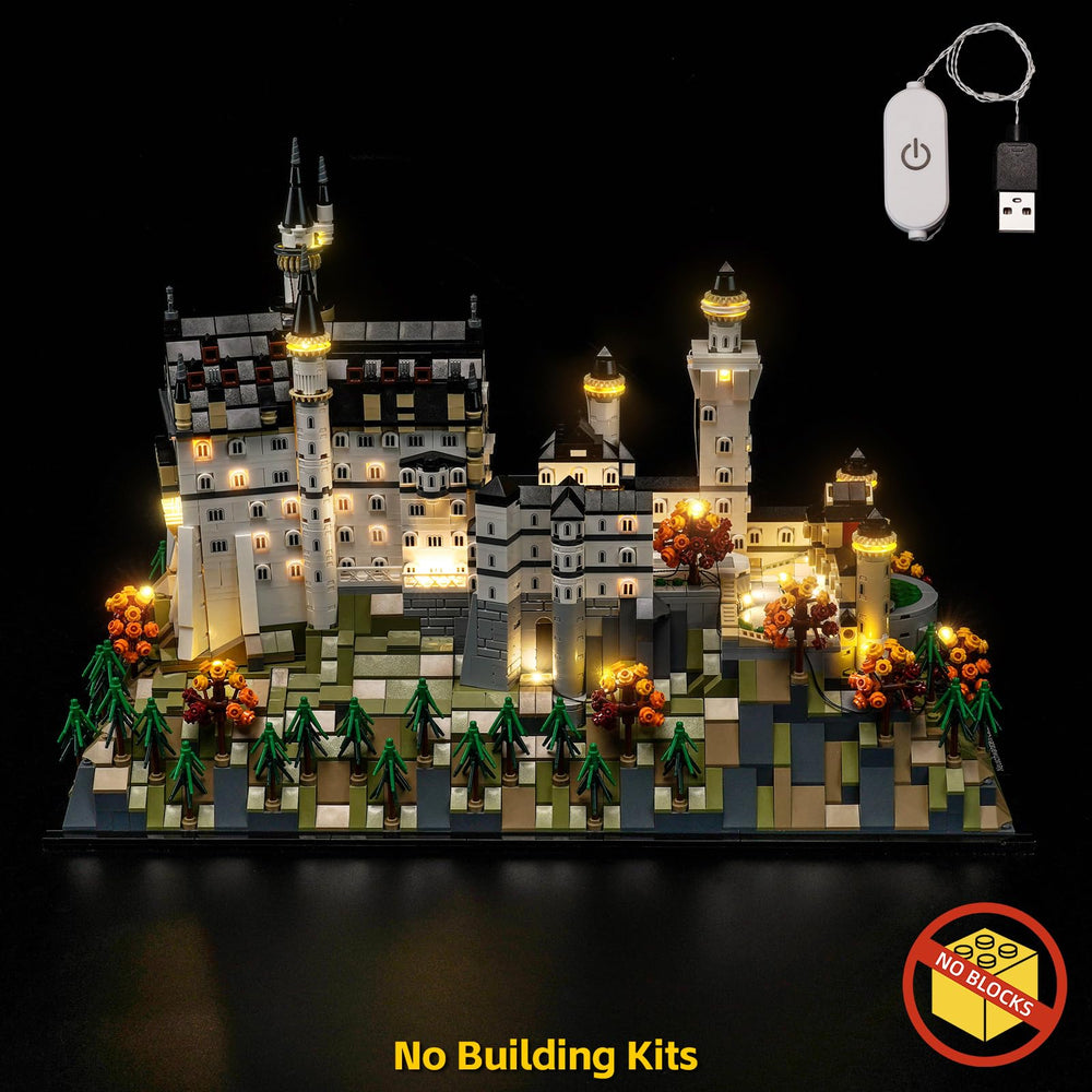 BrickBling LED lighting on the castle display highlights details with subtle illumination.