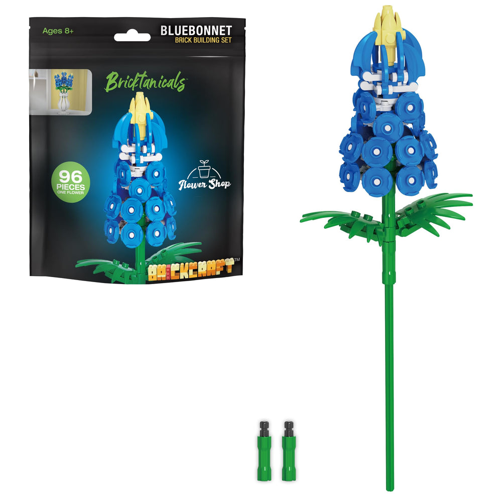 Brickcraft Bricktanicals Bluebonnet flower assembly for durable decor.