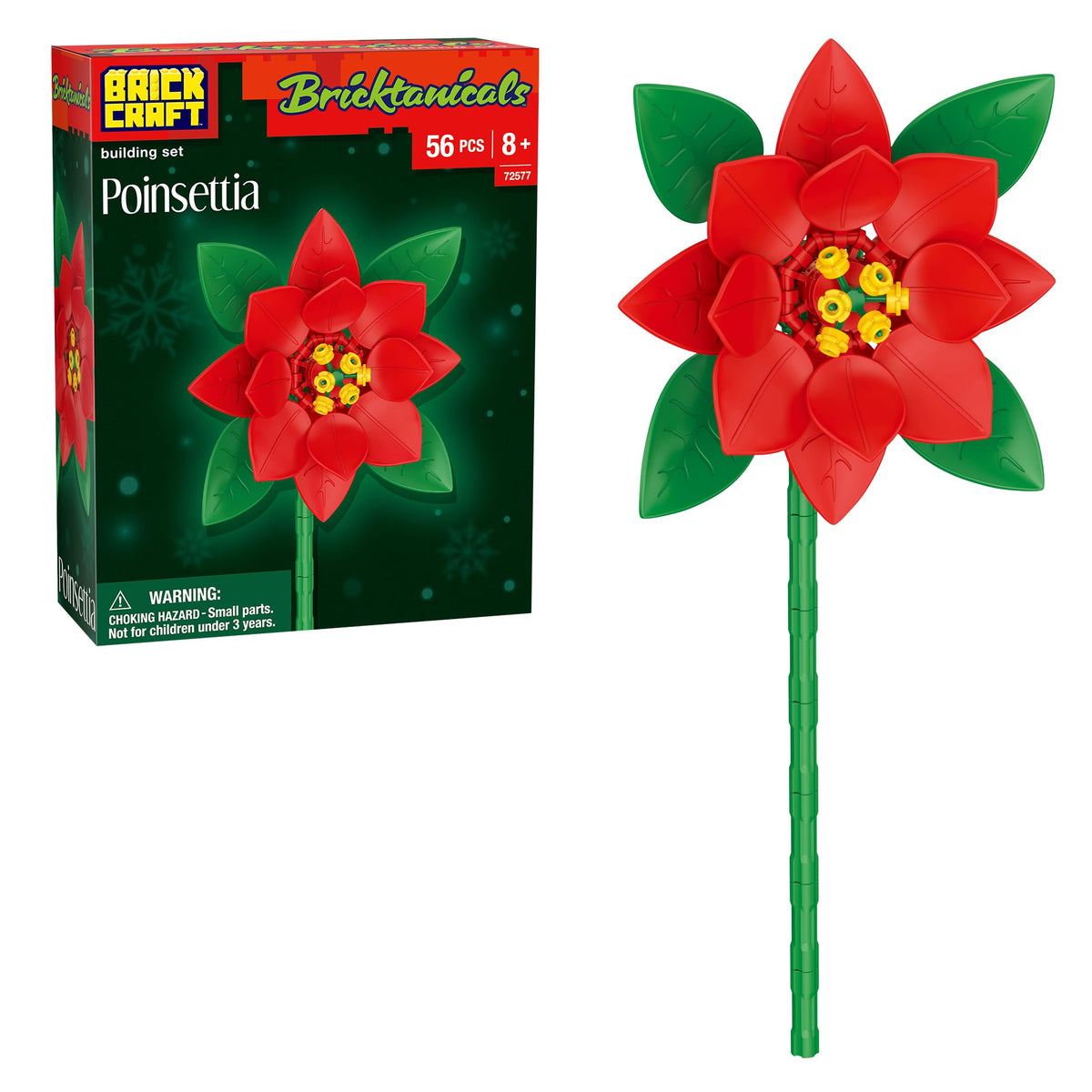 Brickcraft Bricktanicals Poinsettia assembly showcasing vibrant petals for festive decor