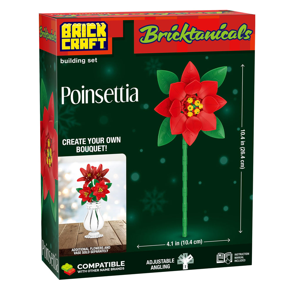 Brickcraft Bricktanicals Poinsettia close-up shows rich red bricks for holiday display