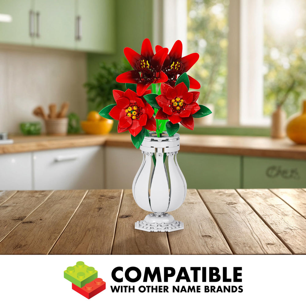 Brickcraft Bricktanicals Poinsettia on tabletop demonstrates long lasting seasonal decor