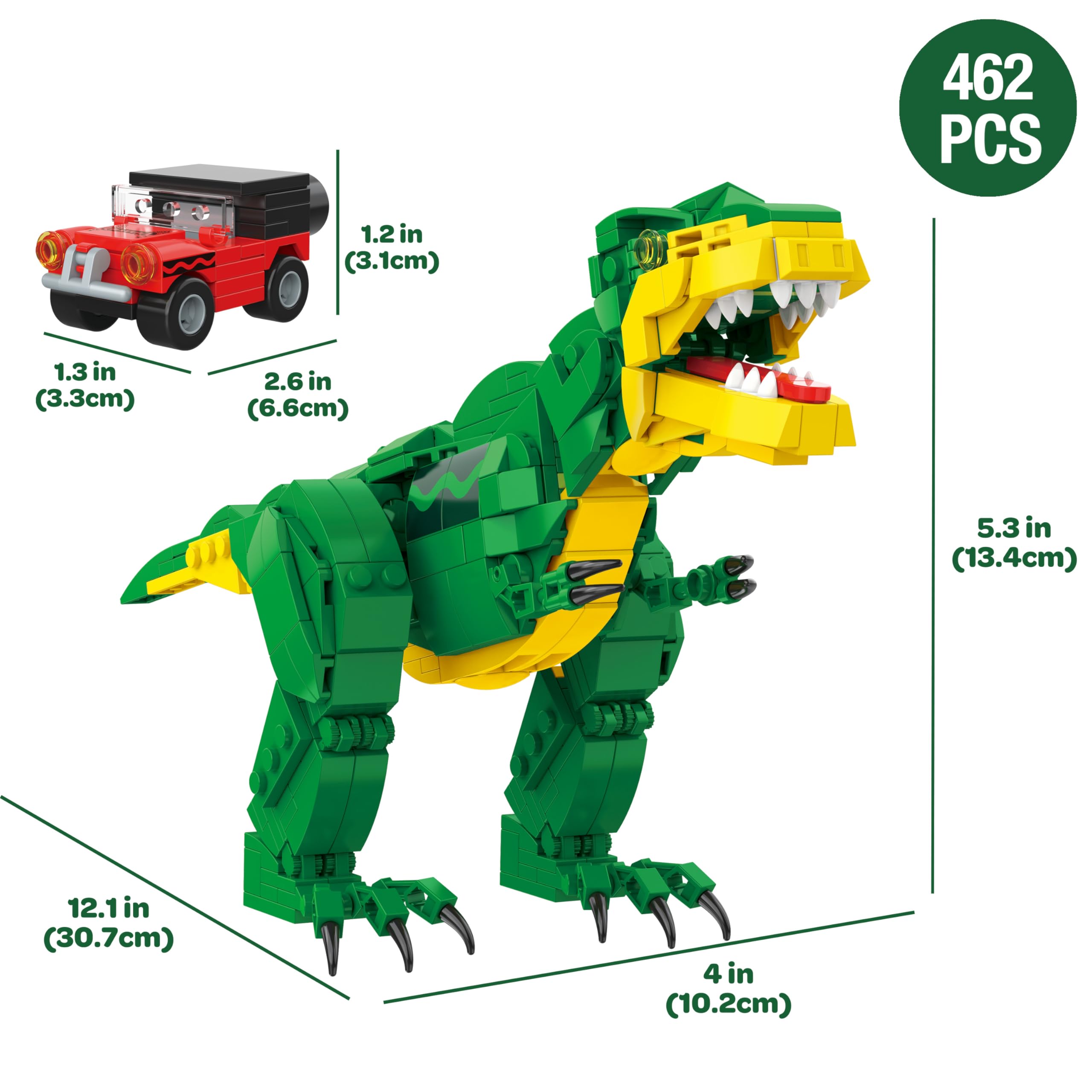 Brickcraft Crayola posable Rex limbs and jaw enable dynamic posing.