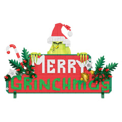 Brickcraft Grinch Merry Grinchmas sign hanging for festive wall décor.