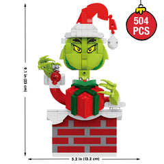 BrickCraft Grinch with Santa hat and red gift highlights a classic Christmas moment.