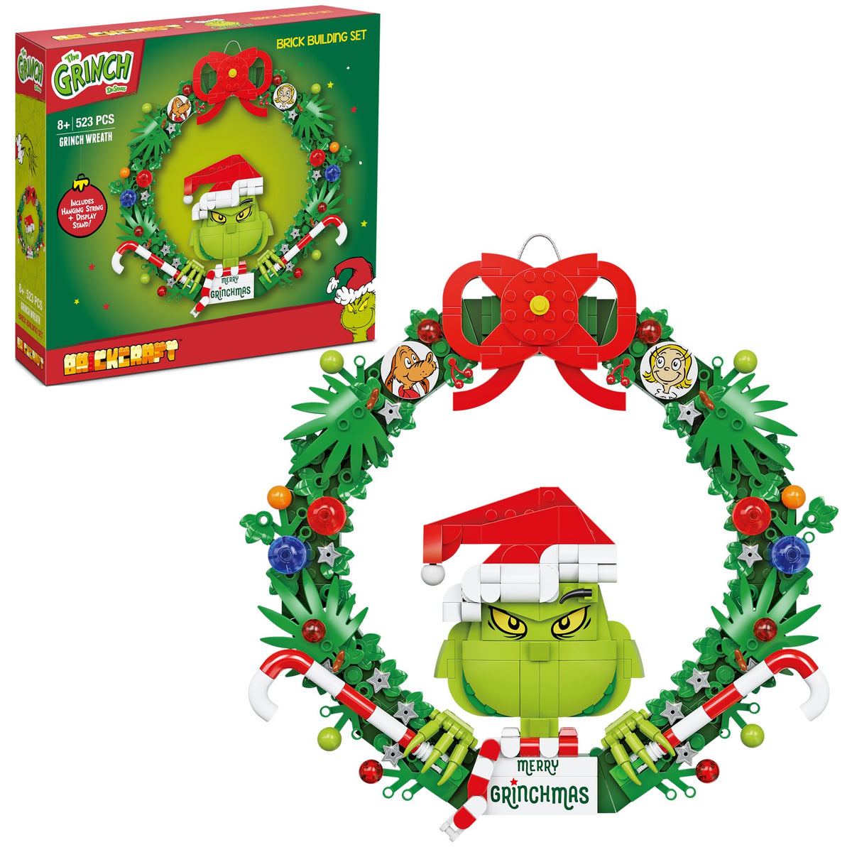 Brickcraft Grinch Wreath kit during assembly, perfect for hands-on holiday fun.