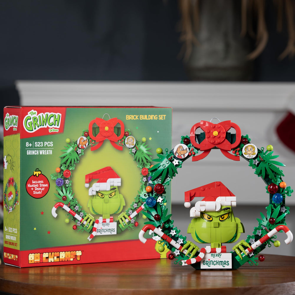 Brickcraft Grinch Wreath greenery and ornaments bring festive texture.