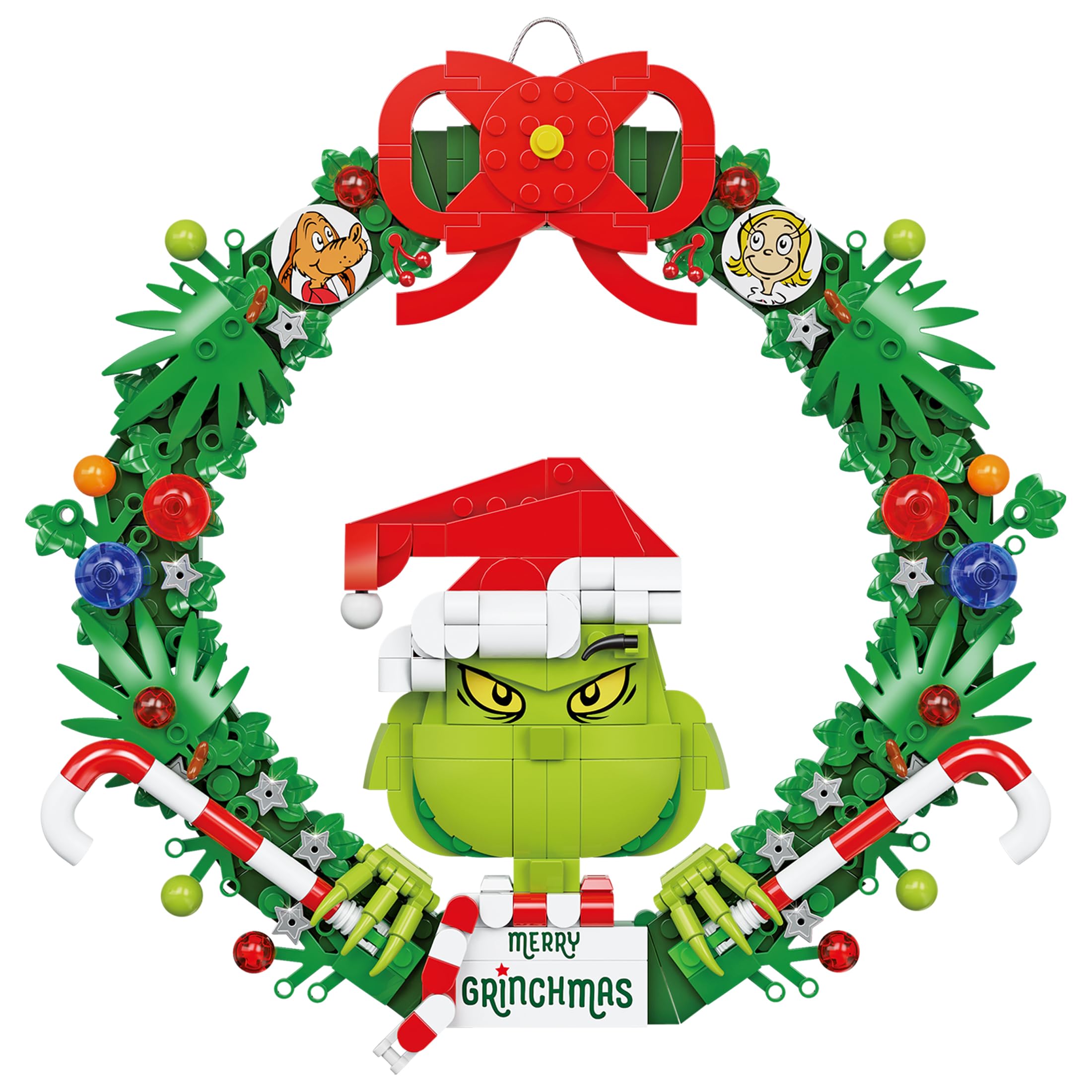 Brickcraft Grinch Wreath hanging on wall showcases festive brick-built charm.