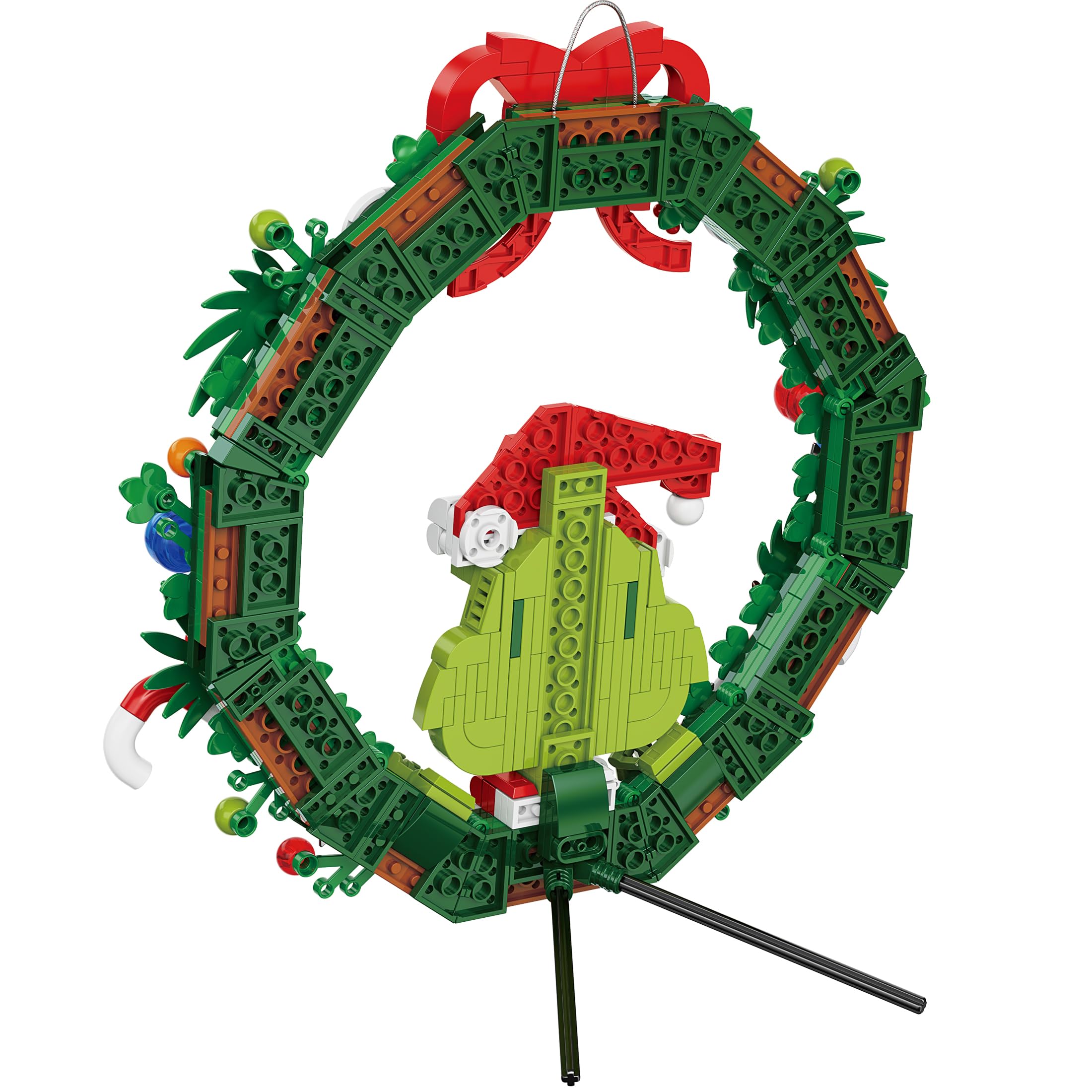 Brickcraft Grinch Wreath features Max the dog for authentic holiday whimsy.