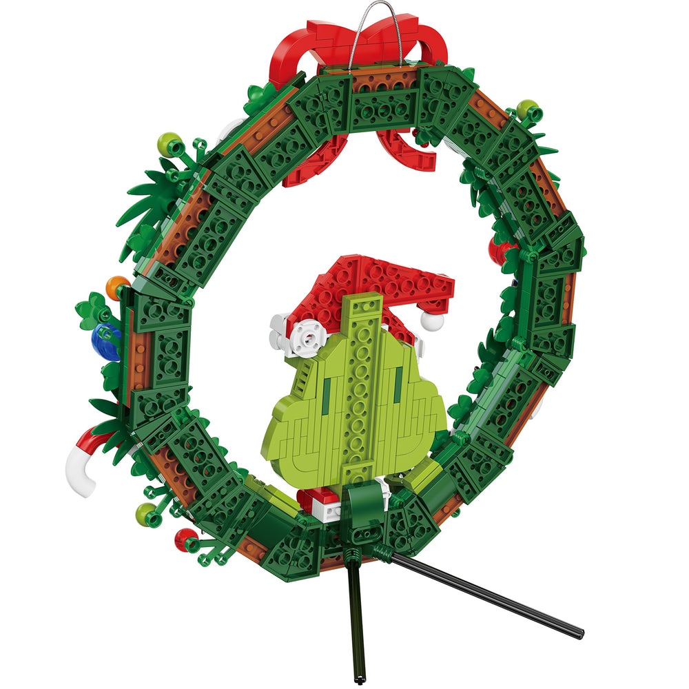 Brickcraft Grinch Wreath features Max the dog for authentic holiday whimsy.