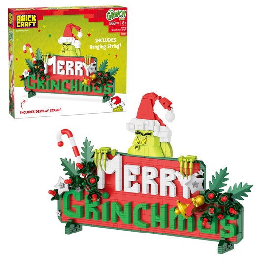 Brickcraft Grinchmas display stand showing the built sign on a shelf.