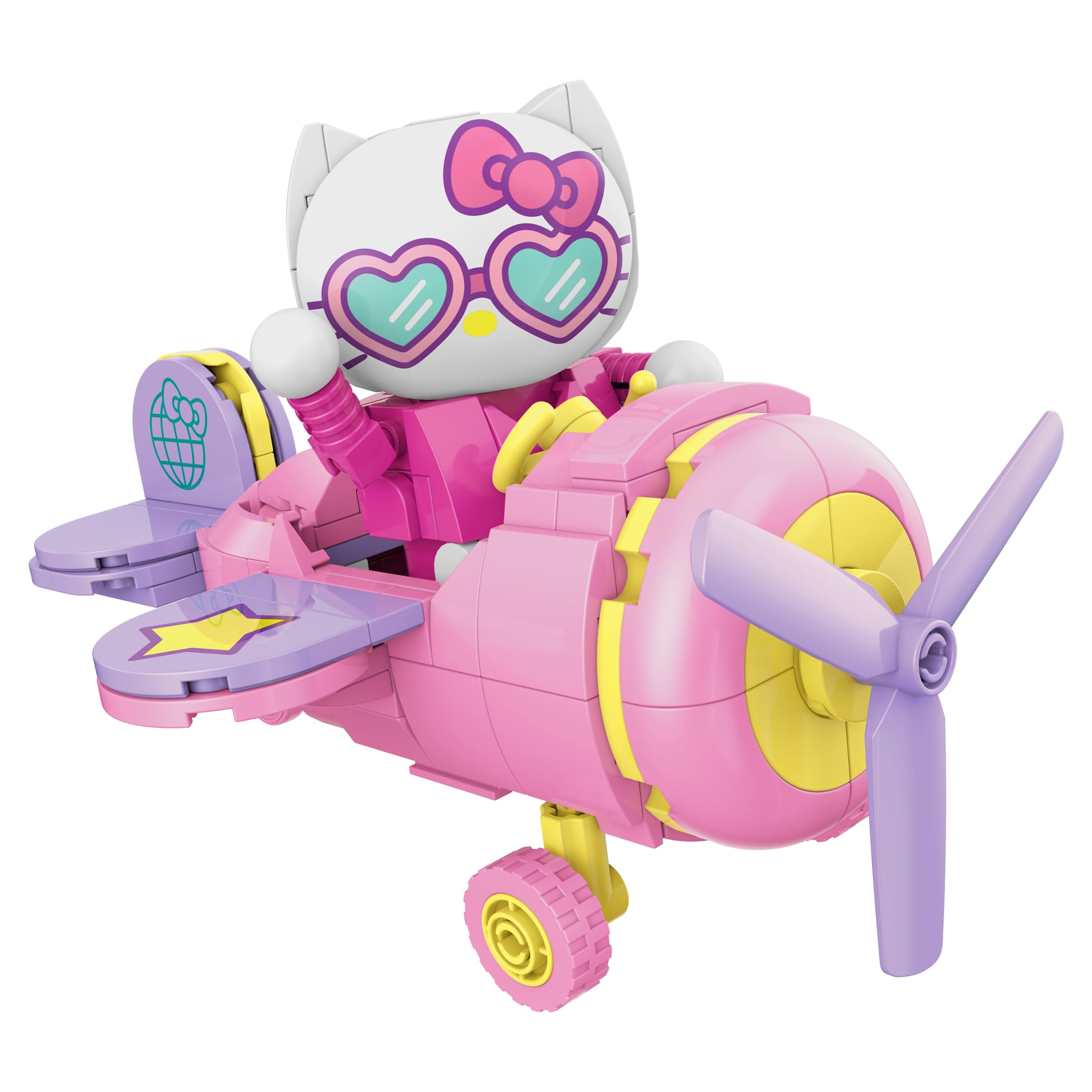 Brickcraft Hello Kitty airplane pink bricks arranged for display