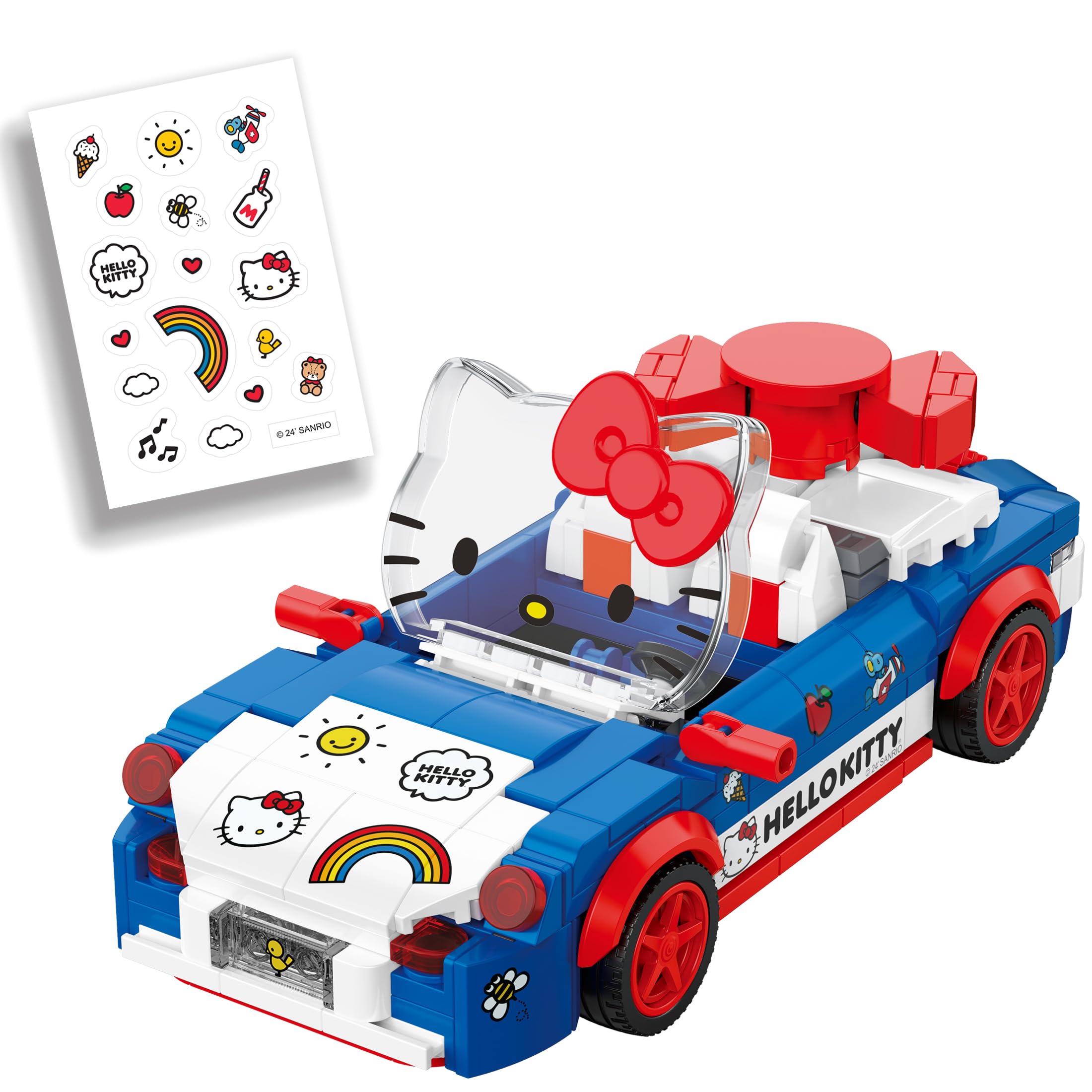 Brickcraft Hello Kitty convertible car side view highlighting compact design for display and play.