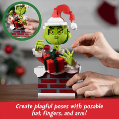 BrickCraft Grinch with movable hands, arms, and hat for expressive posing.