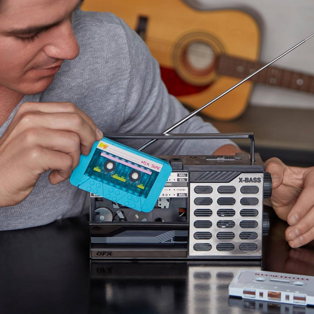 BrickCraft MTV cassette tape build in progress with click-and-lock bricks