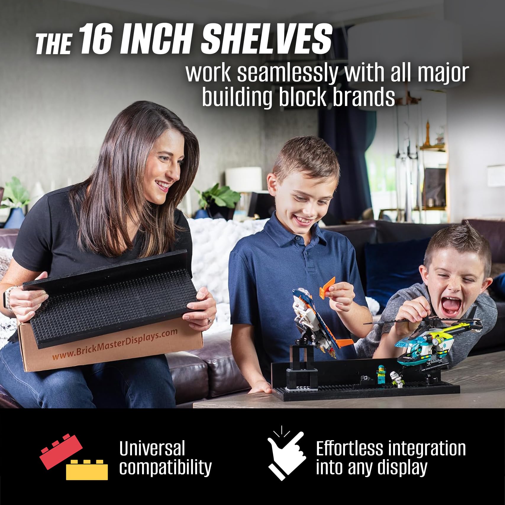 Brickmaster Displays black two-pack shelves illustrate modern styling and space-saving organization.