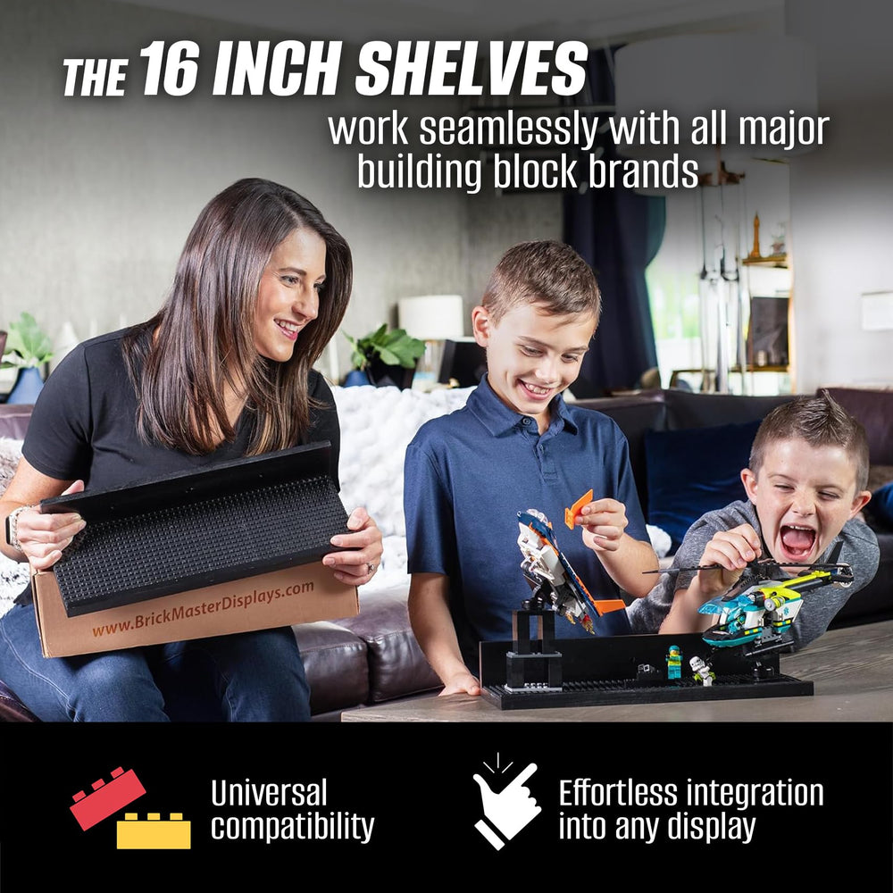 Brickmaster Displays black two-pack shelves illustrate modern styling and space-saving organization.