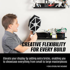 Brickmaster Displays universal-compatibility shelf shows compatibility with major bricks for versatile building displays.