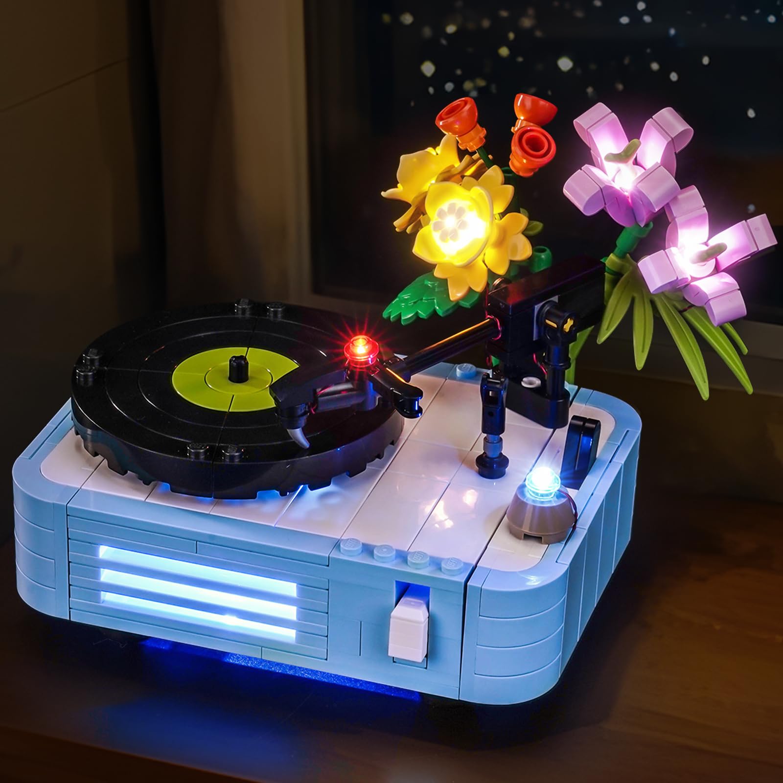 Brickshining LED lighting kit front view illuminates the decorative record player