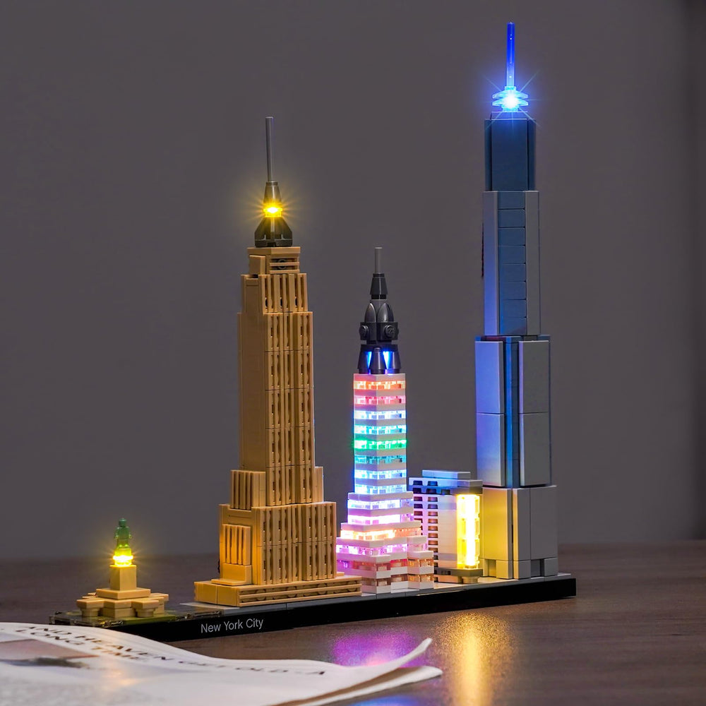Brickshining LED lighting kit in use enhances display brightness for the LEGO skyline