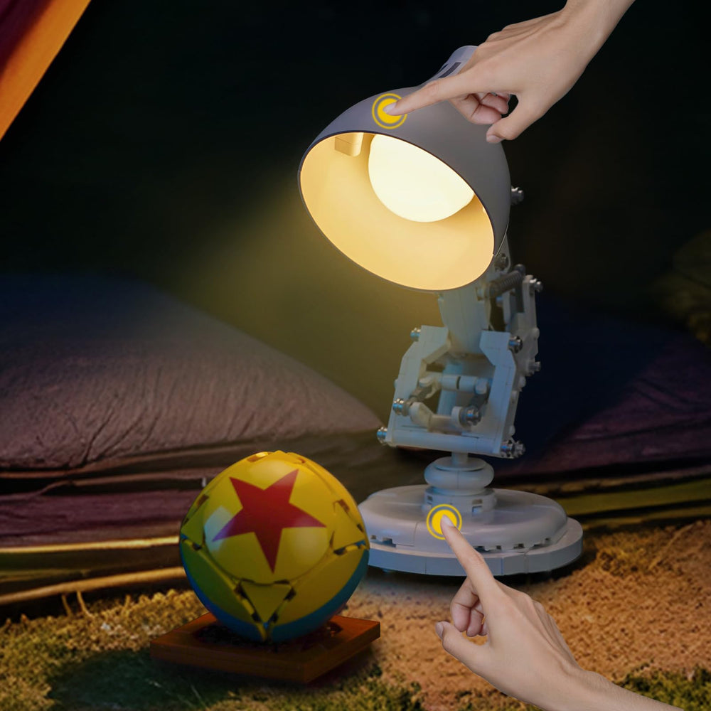 Brickshining Luxo Jr. LED lighting kit illuminates the Pixar icon with a vibrant display.