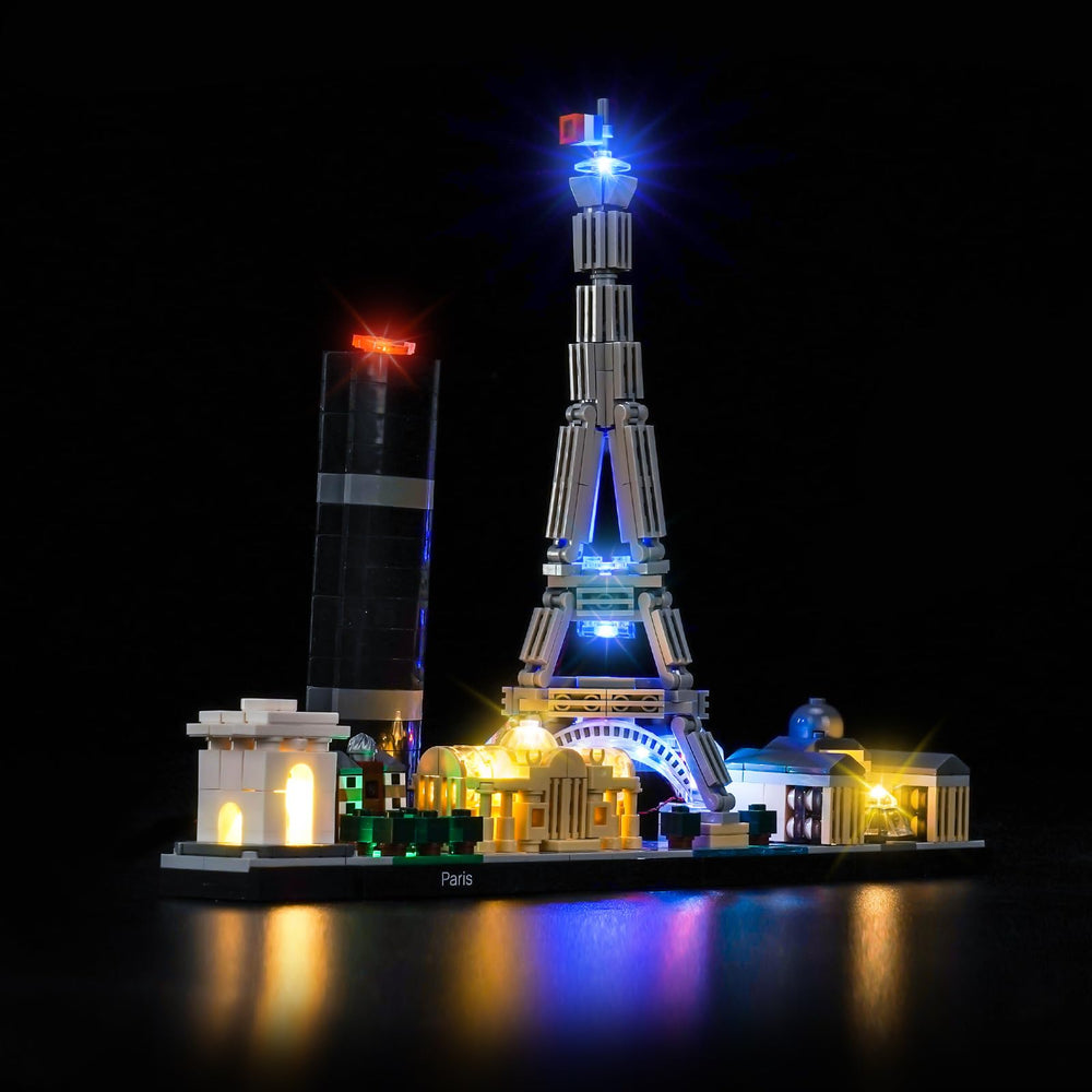 Brickshining LED kit for Paris Skyline—front view with vibrant, even illumination.