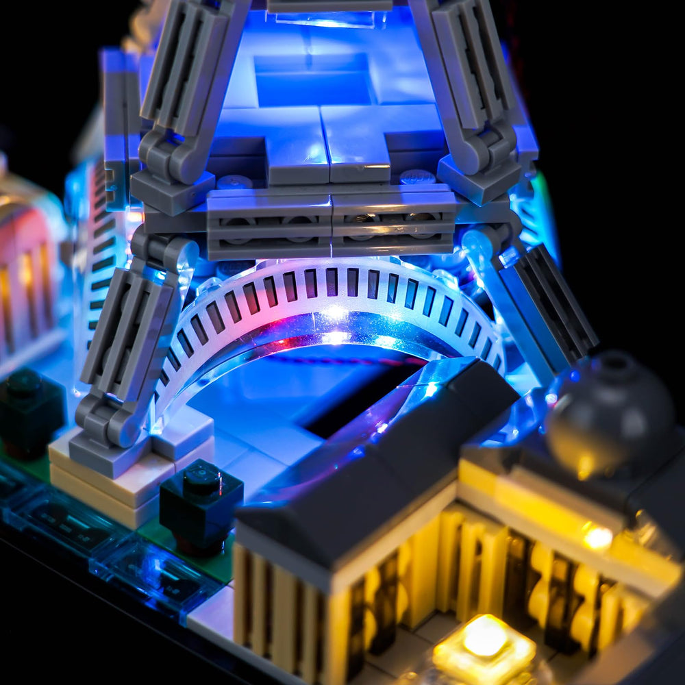 Brickshining Paris Skyline LED kit—USB power option for easy setup.