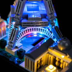 Brickshining Paris Skyline LED kit—USB power option for easy setup.