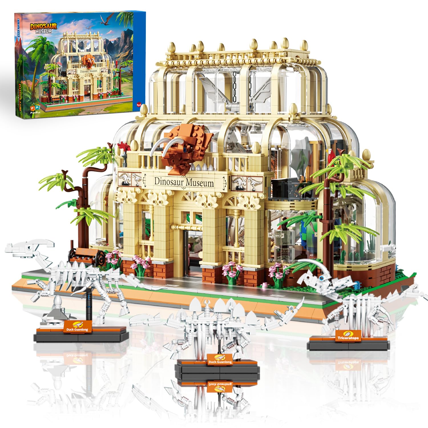 BrickTribe Mini Building Set shows glass-walled dinosaur museum exterior for immersive display