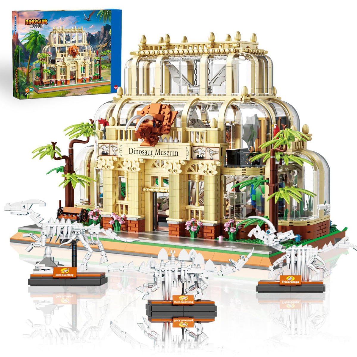BrickTribe Mini Building Set shows glass-walled dinosaur museum exterior for immersive display