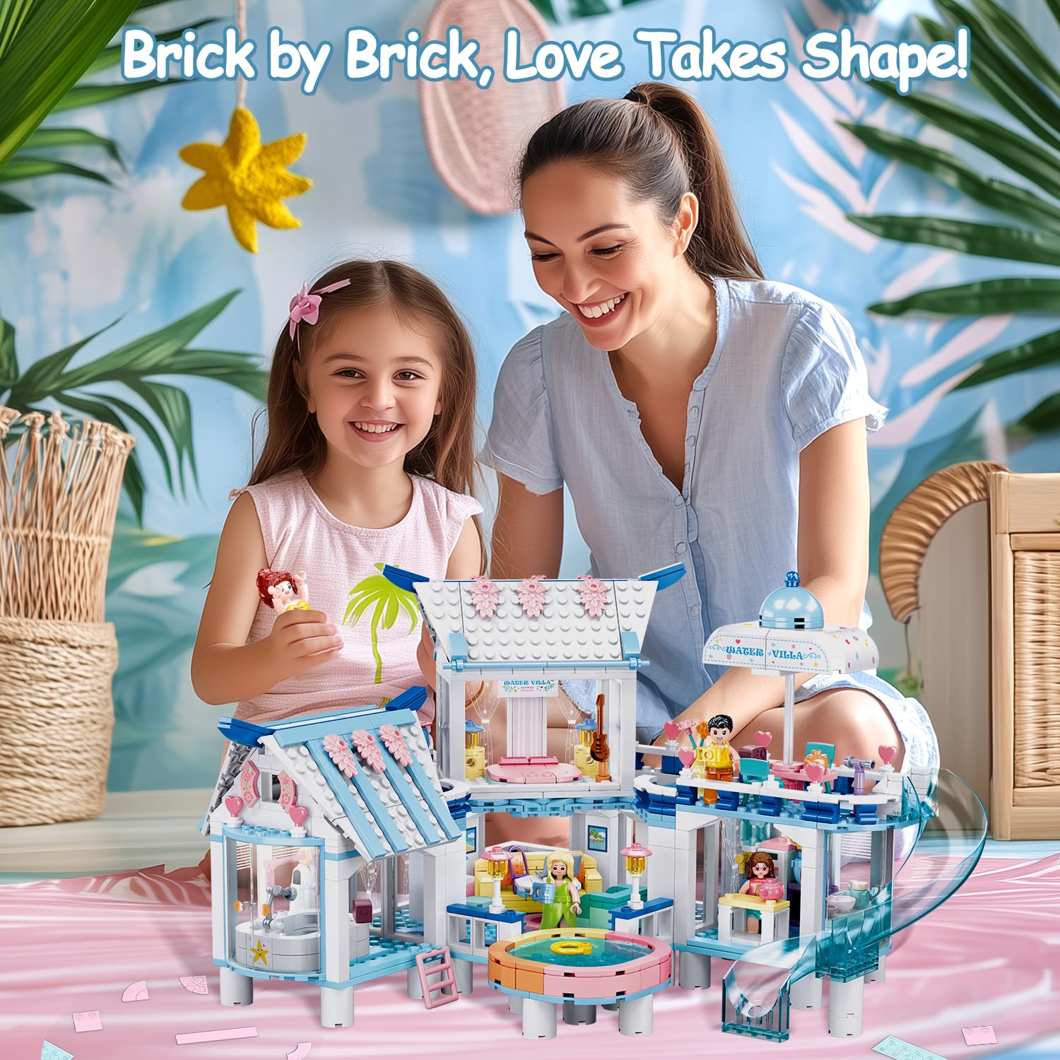 BrickTribe pool slide feature invites dynamic play and thrills.