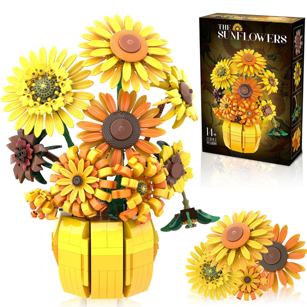 BrickTribe Van Gogh Sunflower Bouquet assembly – detailed sunflowers for mindful building and decor.
