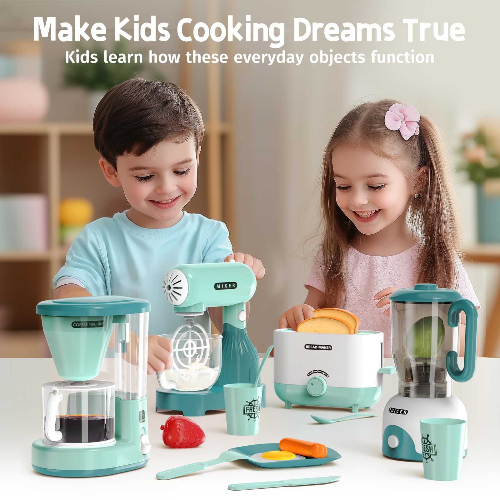 BRIGPICIOUS kids coffee maker inspires pretend coffee shop play with realistic water dispensing.