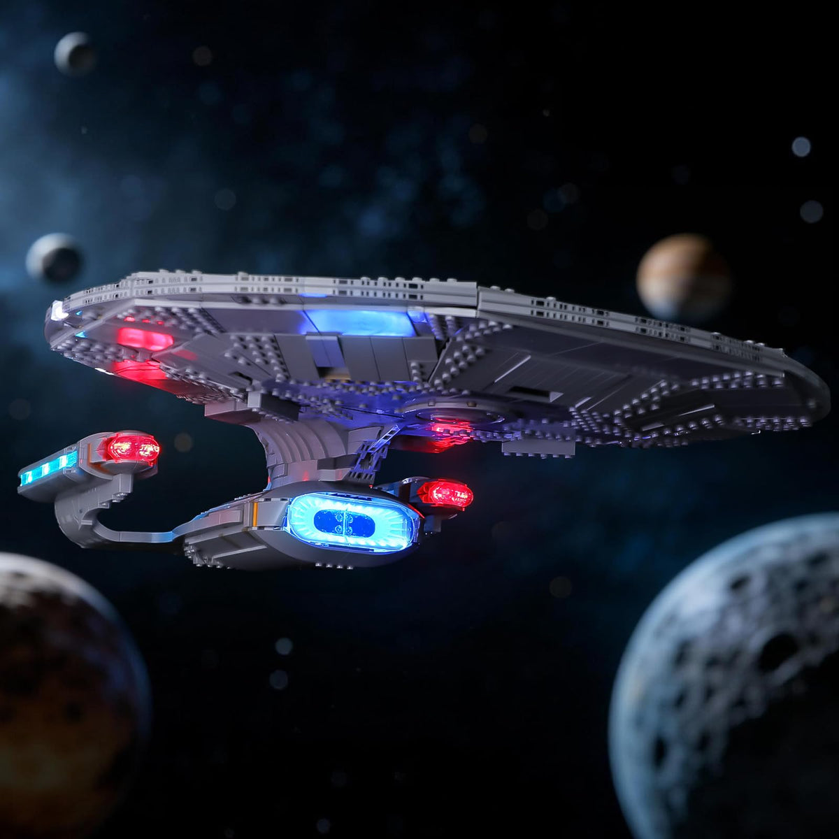 BRIKSMAX 2.0 light kit enhances the LEGO Enterprise display with a warm, inviting glow.