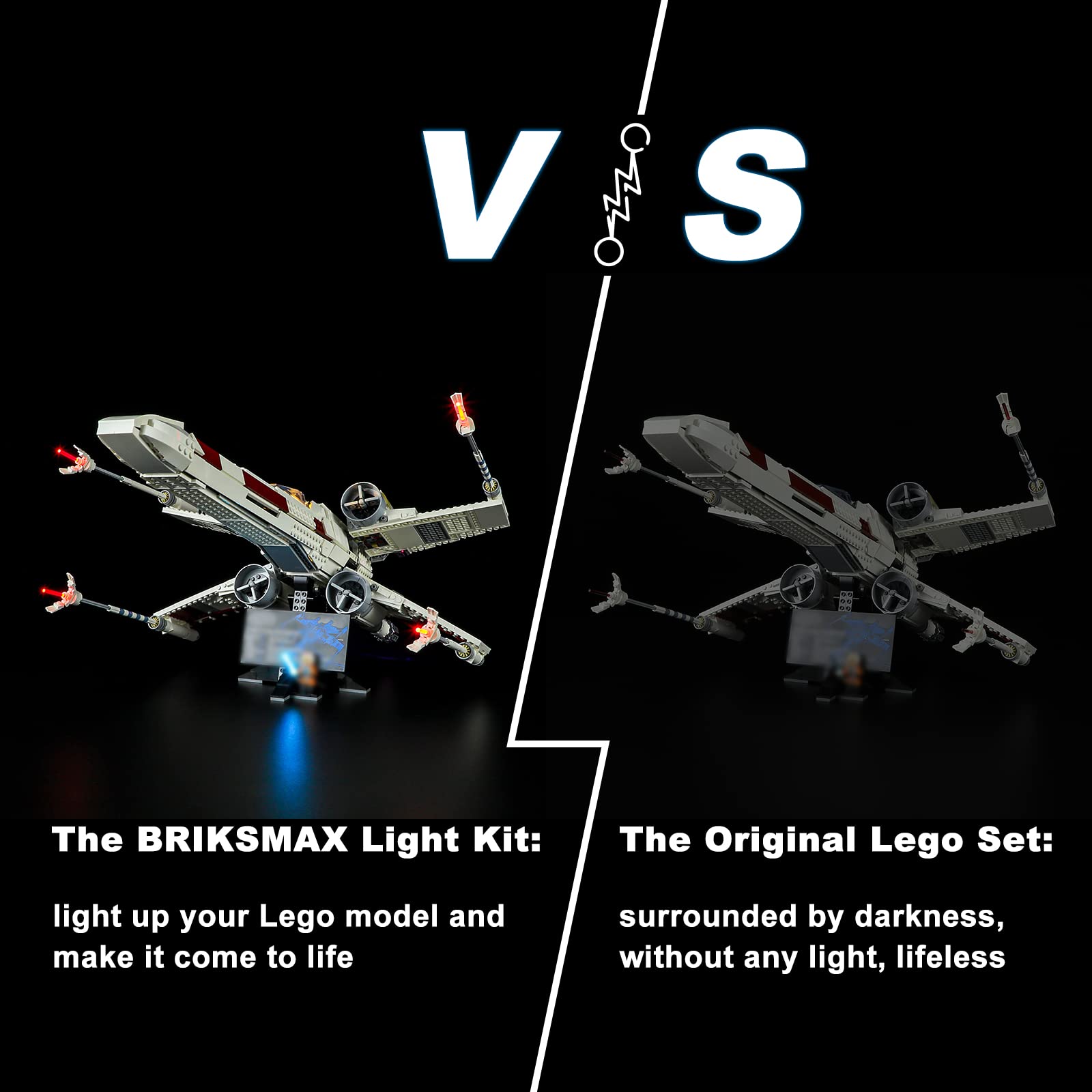 BRIKSMAX LED lighting kit for 75355 X-Wing fuselage illuminated for night display depth.