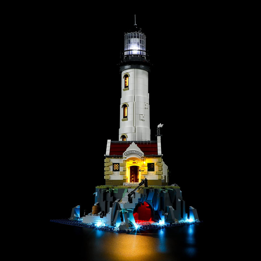 BRIKSMAX LED lighting kit for LEGO 21335, motorized lighthouse front view with warm glow.