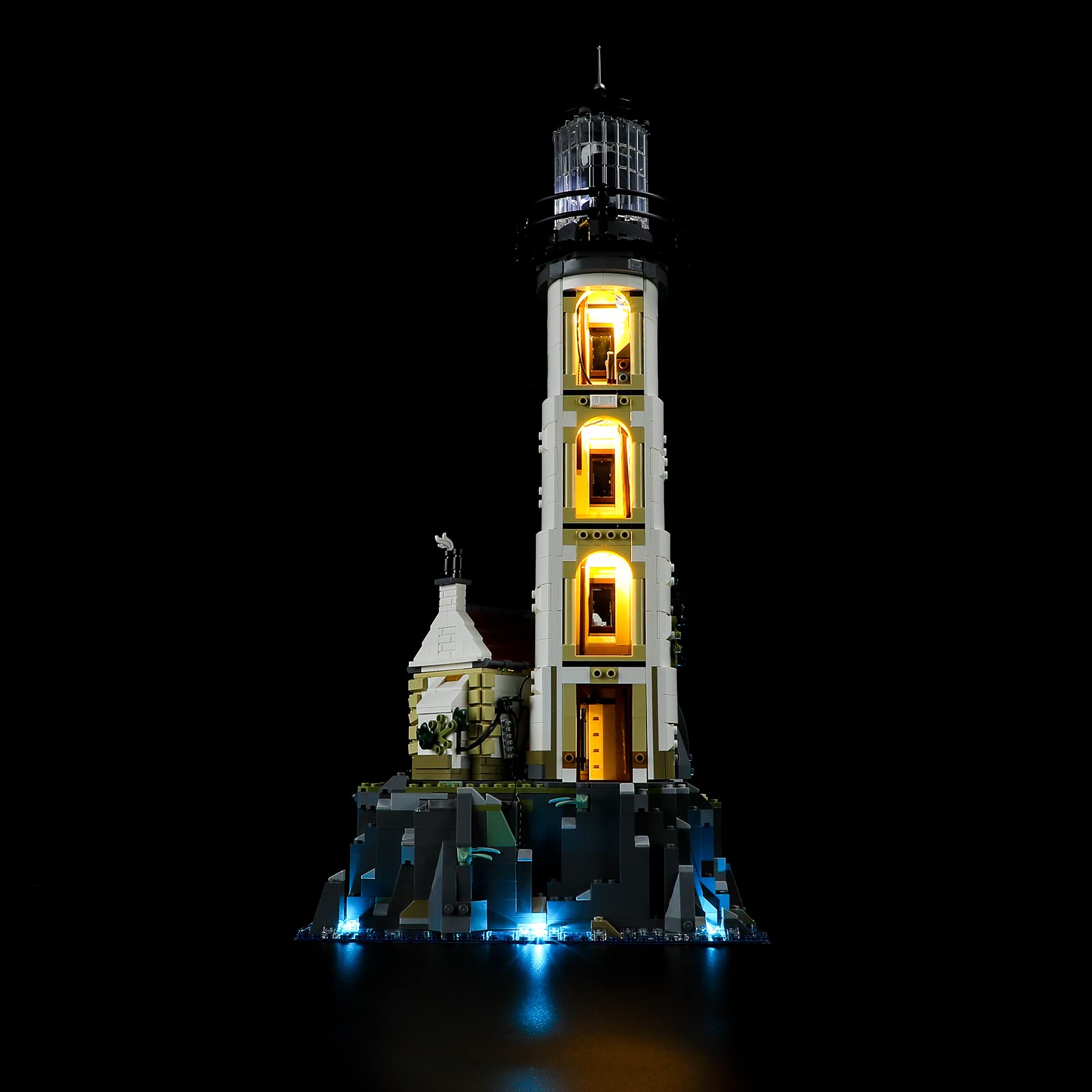 BRIKSMAX LED kit for LEGO 21335, side-view lighthouse reveals detailed illumination.