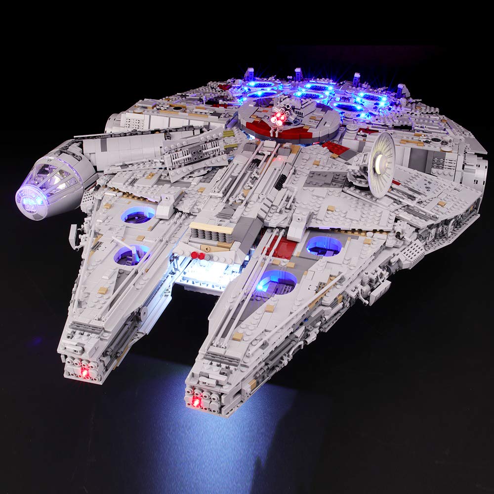 BRIKSMAX LED lighting kit enhances Millennium Falcon 75192 display with vivid glow.