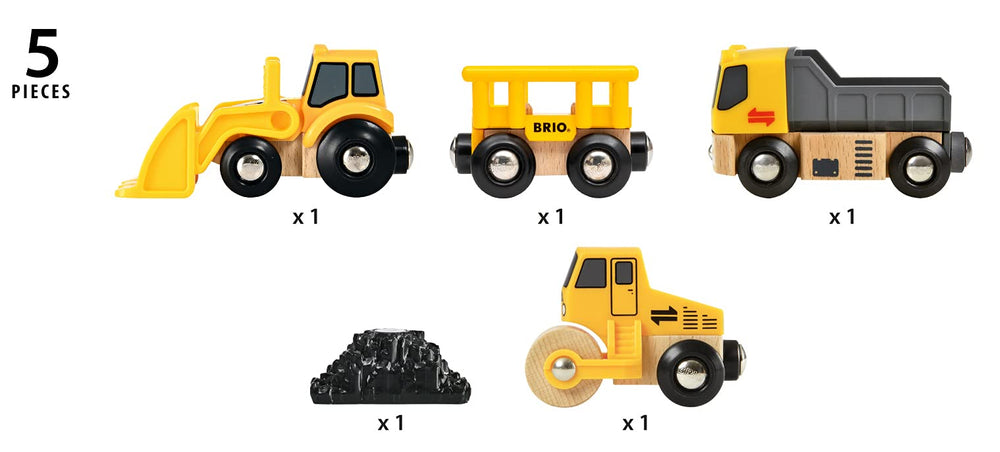 BRIO Construction Vehicles carriage shown connecting to train set for expandability.