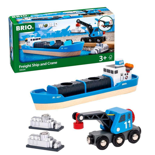 BRIO container ship and crane wagon for imaginative play and early engineering.
