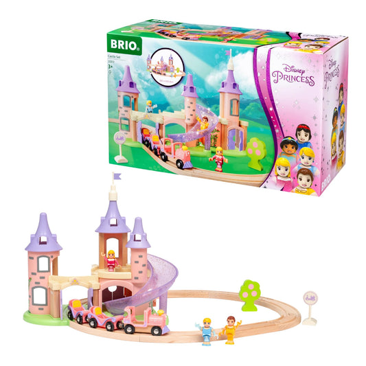 BRIO Disney Princess Castle Set castle-front-view showcases durable wooden construction for imaginative play.