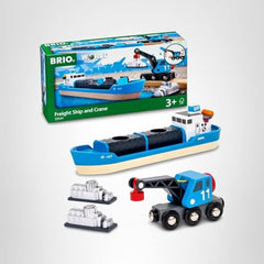 BRIO imaginative play scene with ship and crane in action.