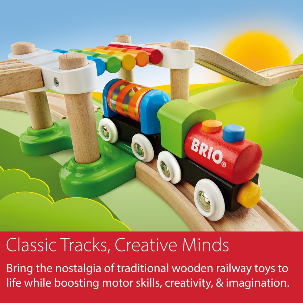 BRIO My First Railway Beginner Pack forest-certified wood emphasizes sustainable, durable play objects.