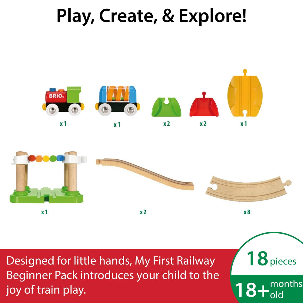 BRIO My First Railway Beginner Pack rattle wagon adds sensory fun and easy magnetic connections.
